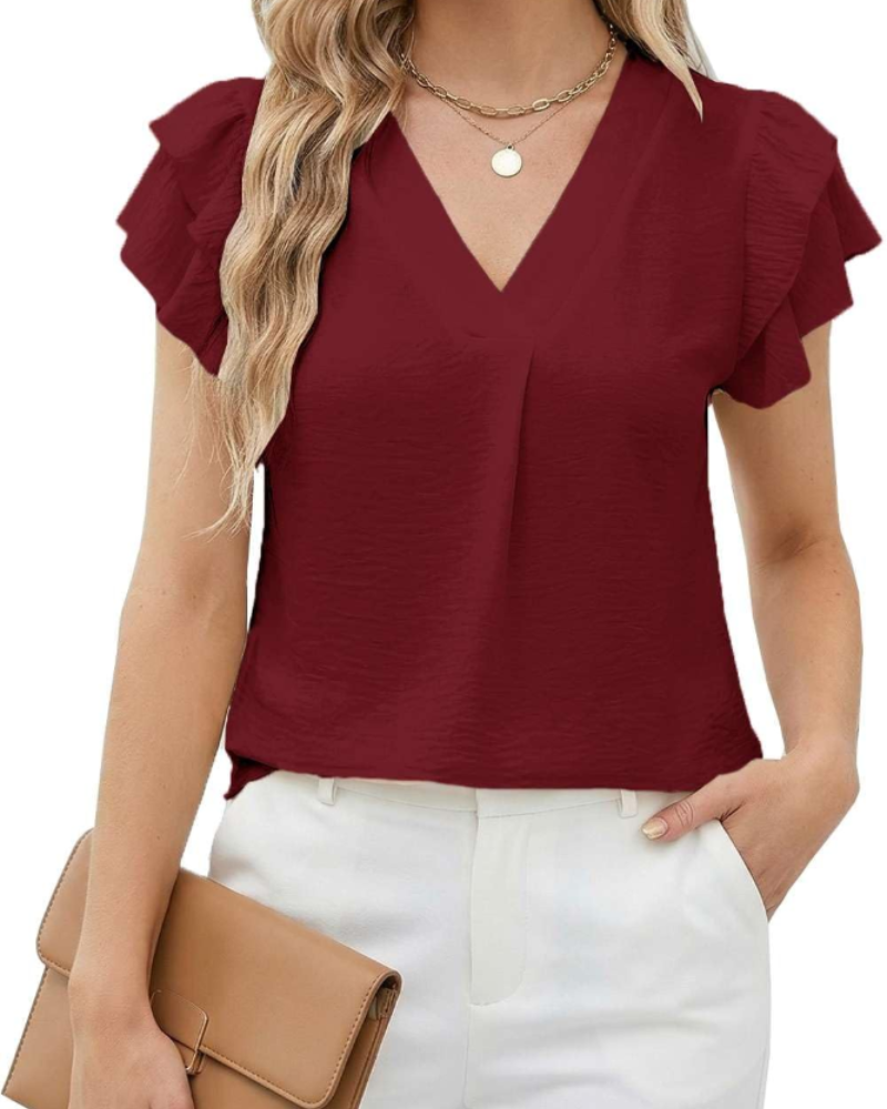 Grace Blouse Femme – Élégante blouse avec col en V, volant à l'avant et manches courtes