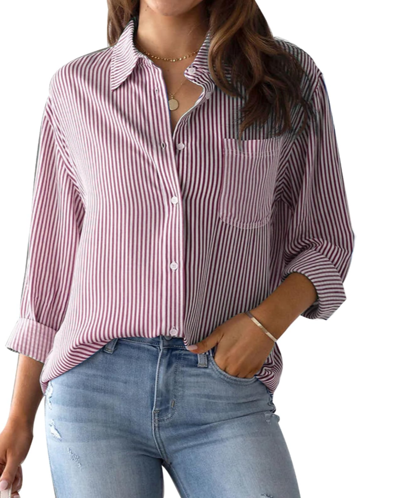 Lauren Camisa de Mujer – Blusa de Algodón a Rayas con Escote en V, Cuello y Mangas Enrollables