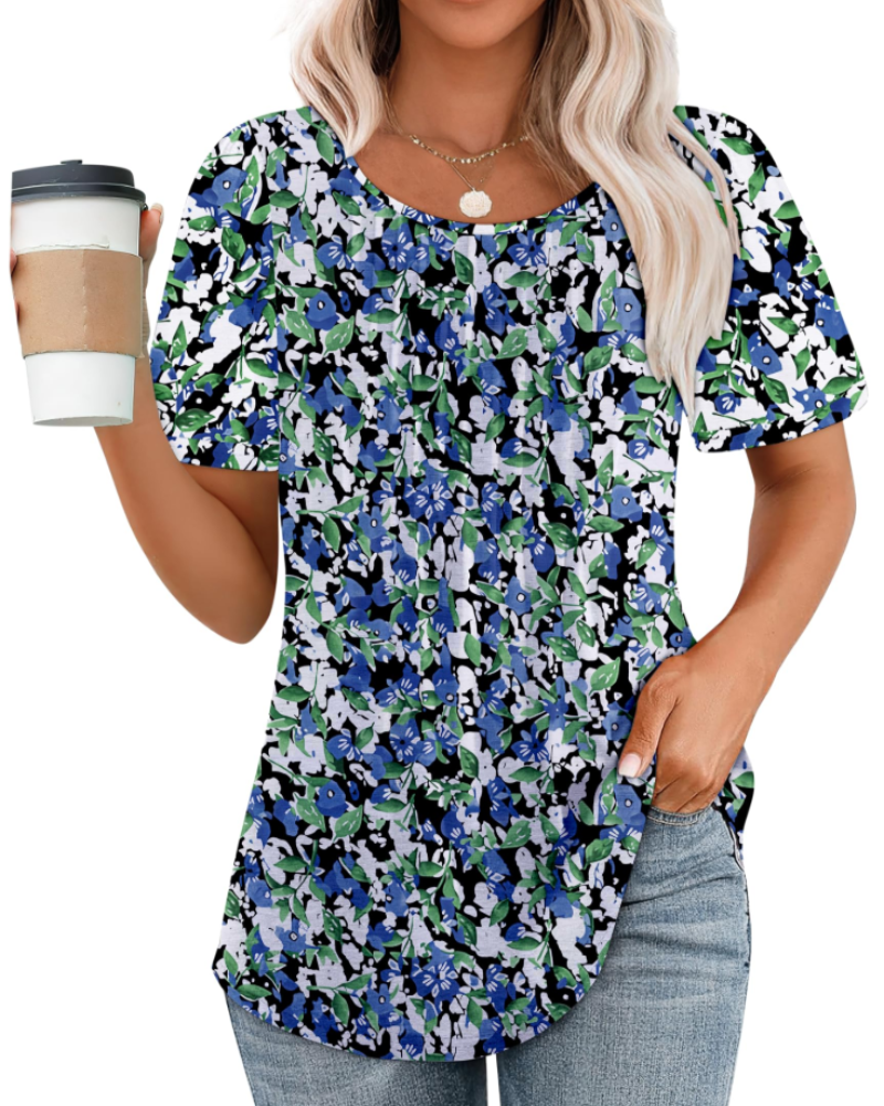 T-shirt Megan pour femme – haut plissé avec col rond, manches bouffantes et coupe ample