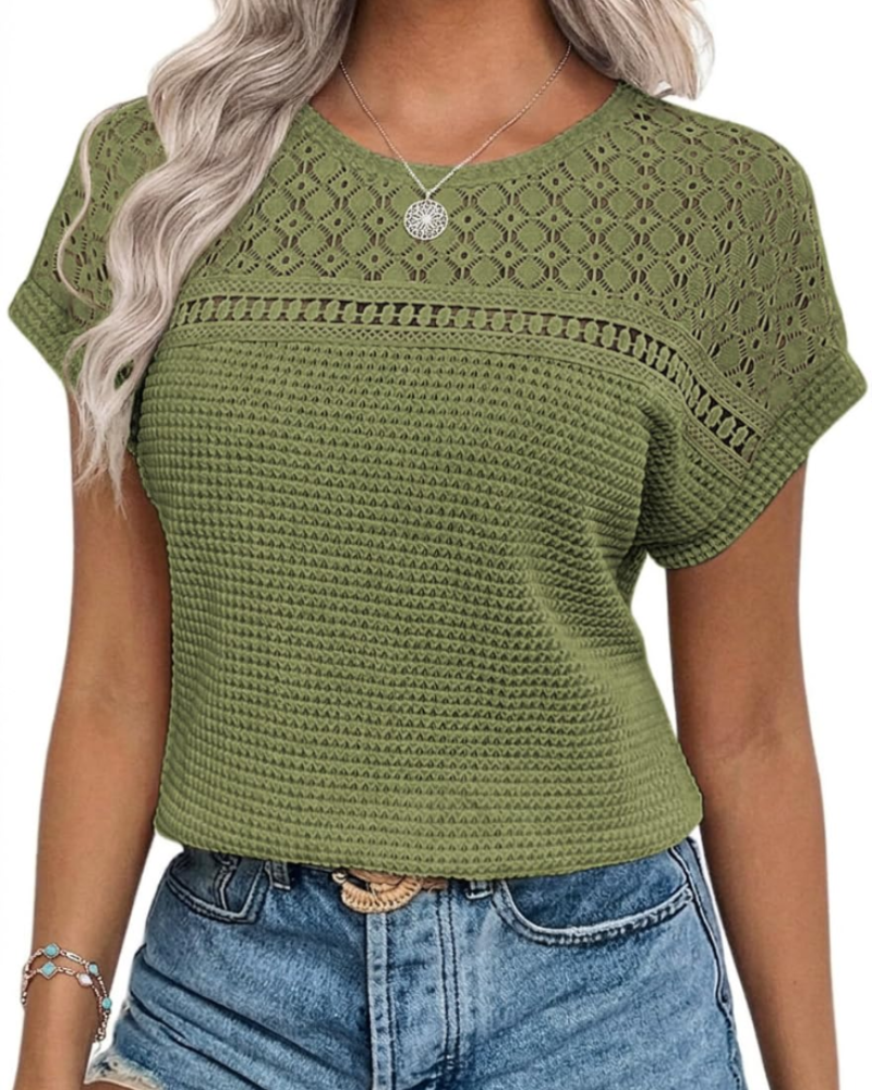 Phoebe Blusa Donna – Top Waffle con Girocollo, Dettagli Crochet & Vestibilità Morbida