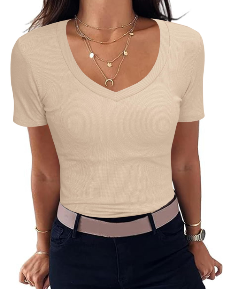 Camiseta Chloe para mujer – Top ajustado acanalado con escote en V y mangas cortas