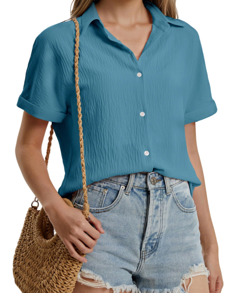 Amelia Chemisier Femme – Blouse d'été en mélange de coton avec col en V et manches courtes