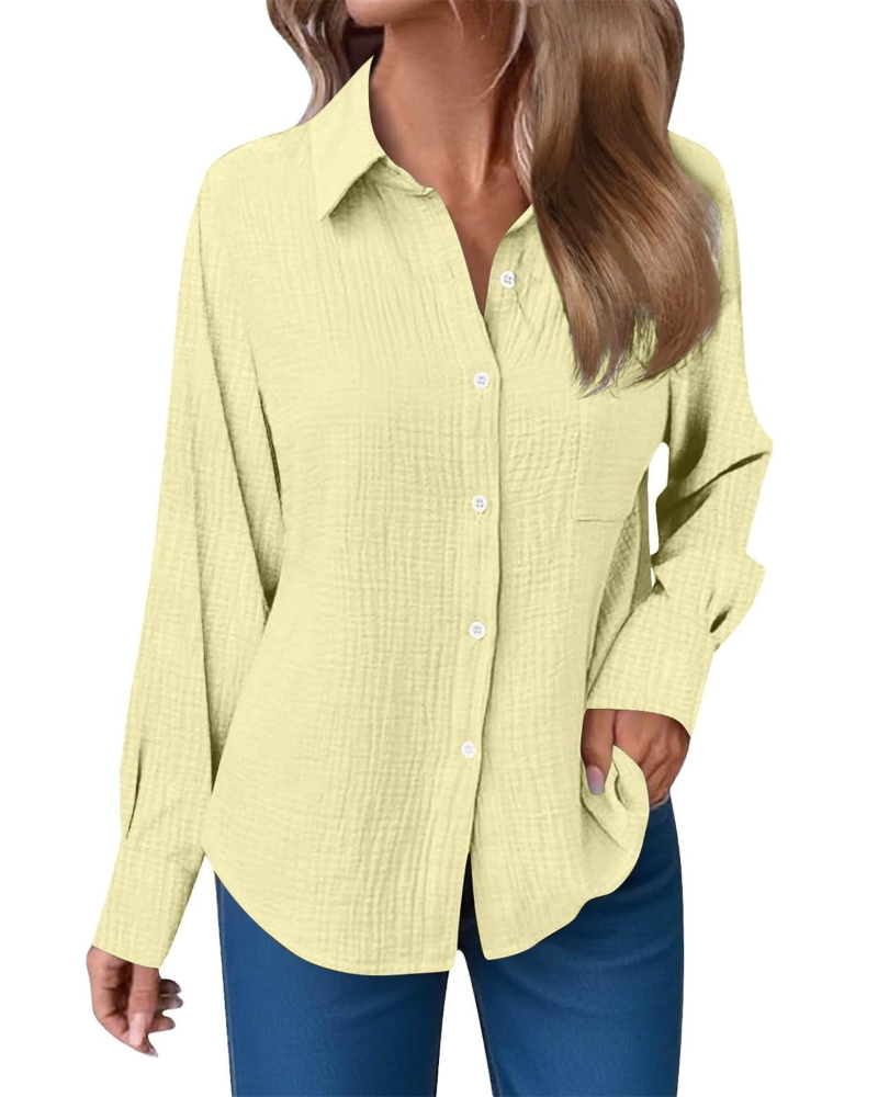 Blusa Hannah Donna – Camisa de Muselina de Algodón con Escote en V, Botones y Bolsillo