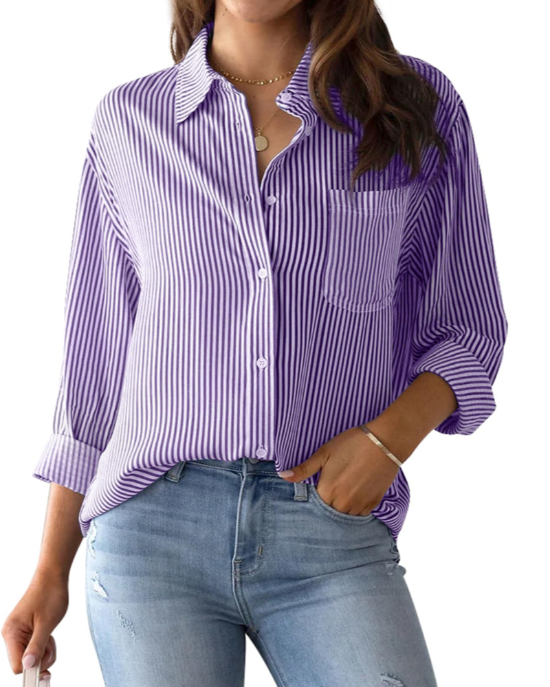 Lauren Camisa de Mujer – Blusa de Algodón a Rayas con Escote en V, Cuello y Mangas Enrollables