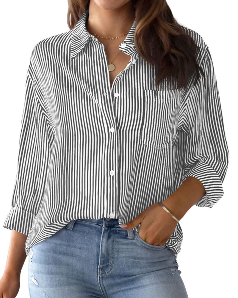 Lauren Camisa de Mujer – Blusa de Algodón a Rayas con Escote en V, Cuello y Mangas Enrollables