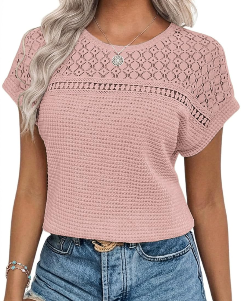 Phoebe Blusa Donna – Top Waffle con Girocollo, Dettagli Crochet & Vestibilità Morbida
