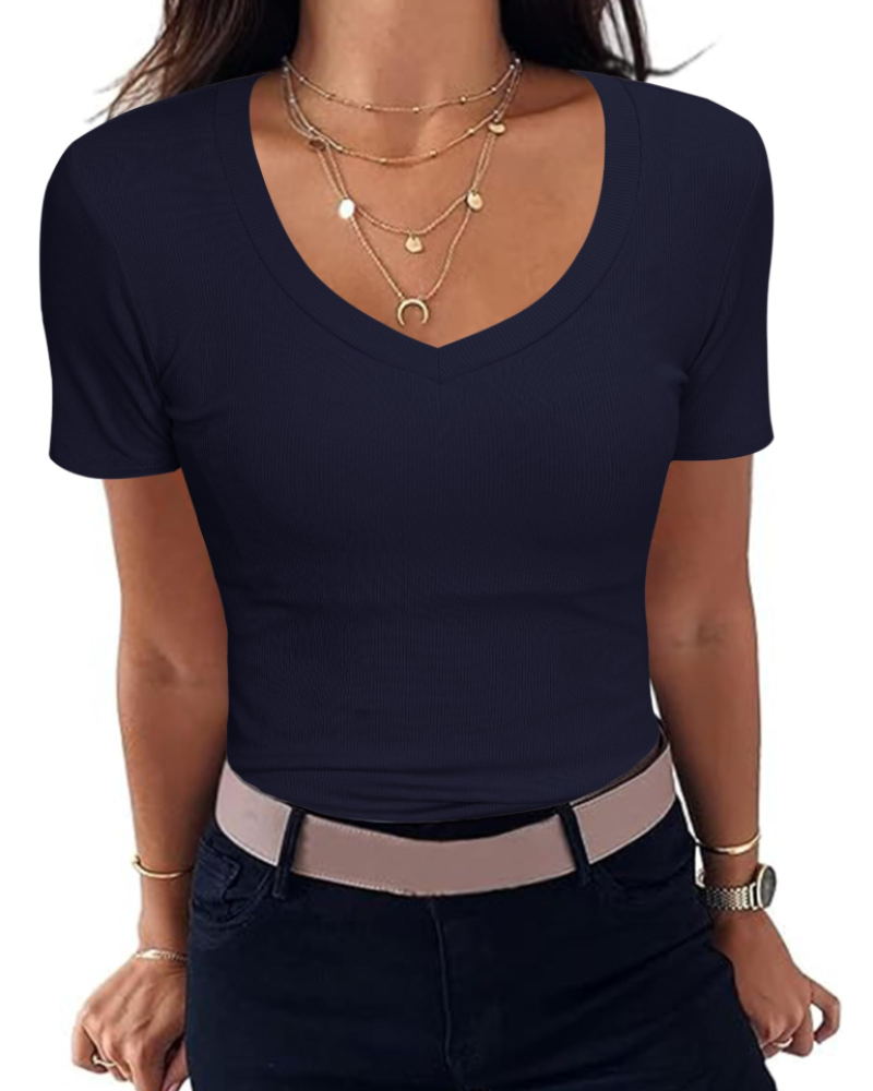 Camiseta Chloe para mujer – Top ajustado acanalado con escote en V y mangas cortas