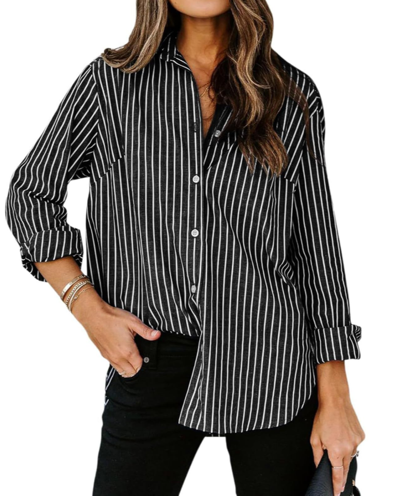Lauren Camisa de Mujer – Blusa de Algodón a Rayas con Escote en V, Cuello y Mangas Enrollables