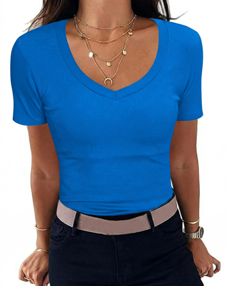 Camiseta Chloe para mujer – Top ajustado acanalado con escote en V y mangas cortas