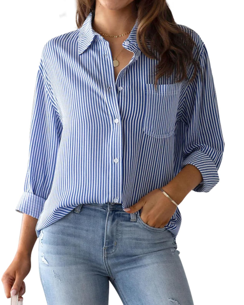 Lauren Camisa de Mujer – Blusa de Algodón a Rayas con Escote en V, Cuello y Mangas Enrollables