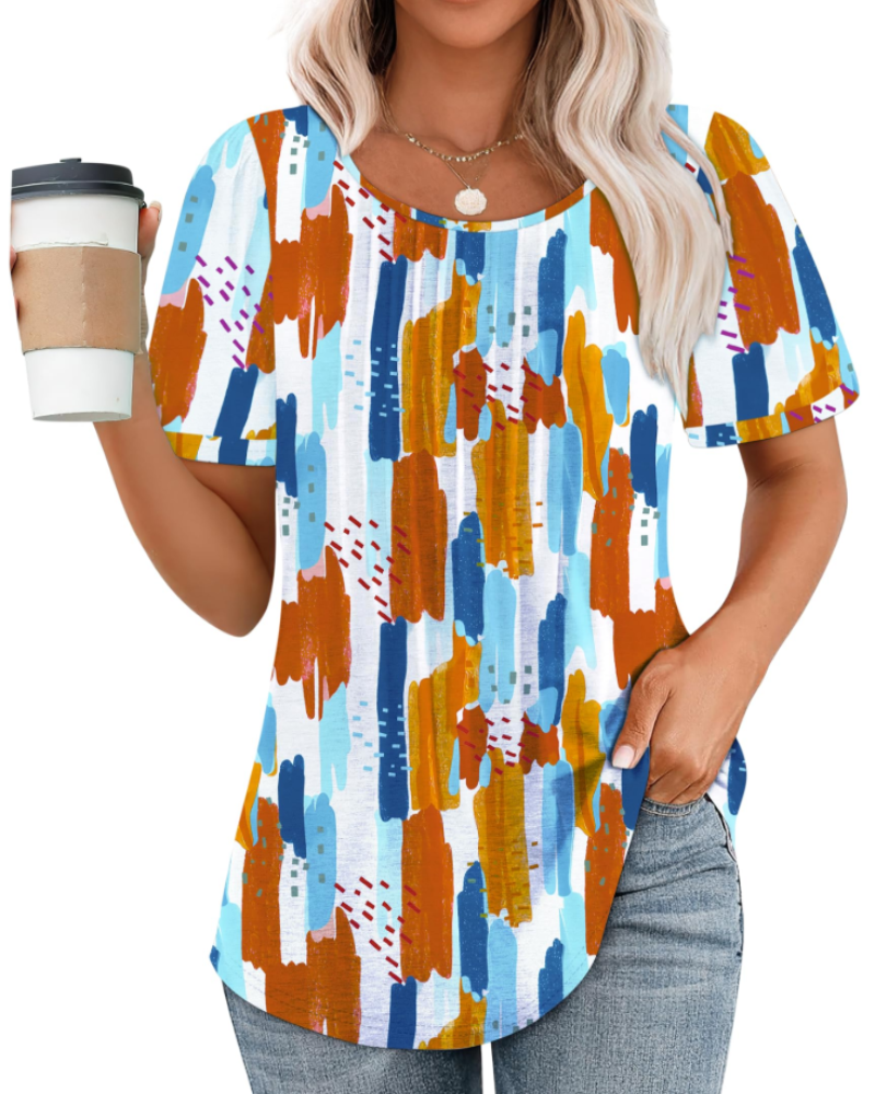 T-shirt Megan pour femme – haut plissé avec col rond, manches bouffantes et coupe ample