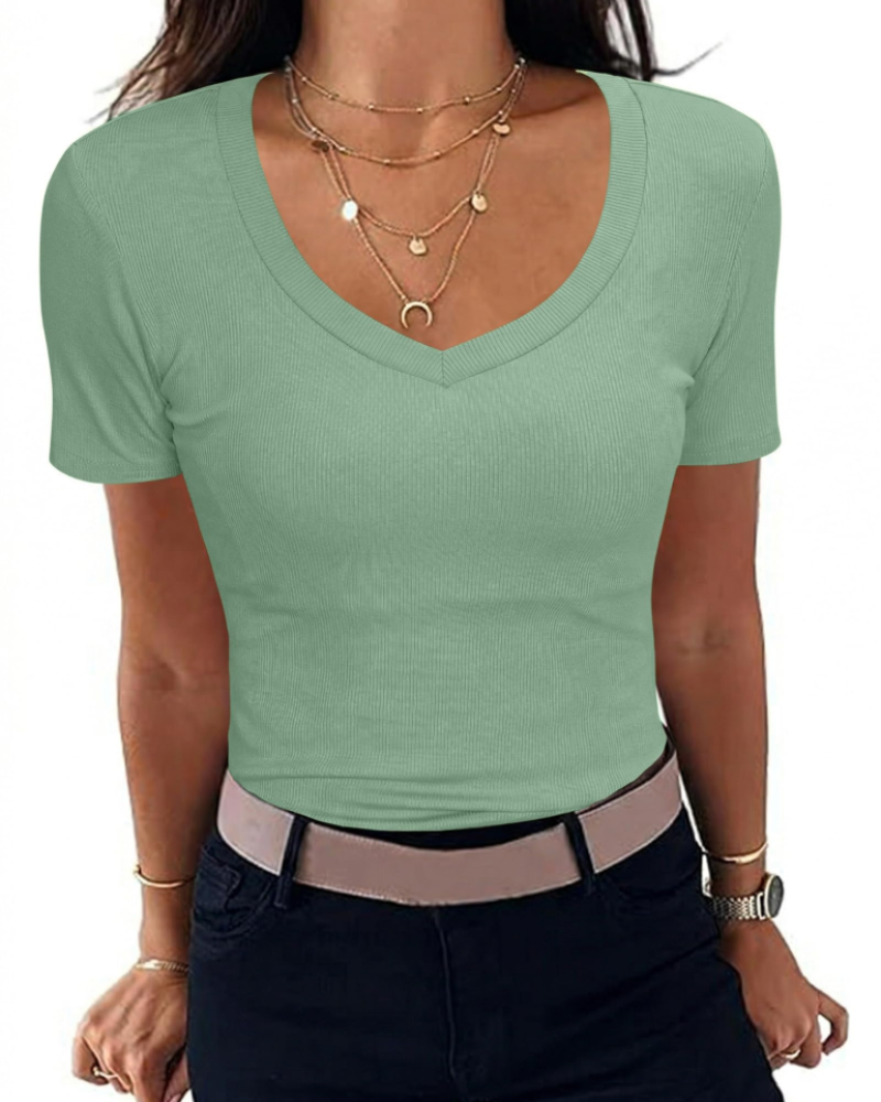 Camiseta Chloe para mujer – Top ajustado acanalado con escote en V y mangas cortas