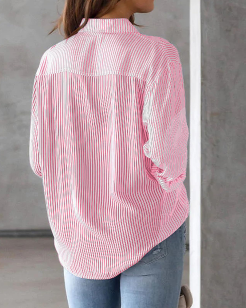 Lauren Women's Shirt – Cotton Striped Blouse with V-Neck, Collar & Roll-Up Sleeves