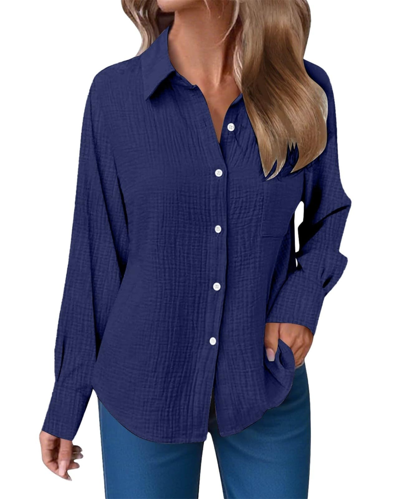 Blusa Hannah Donna – Camisa de Muselina de Algodón con Escote en V, Botones y Bolsillo