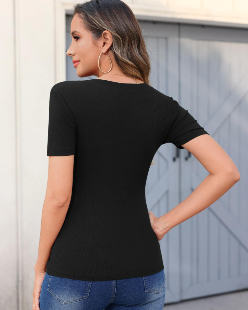Chloe Women's T-Shirt – Slim Fit Ribbed Top with V-Neck & Short Sleeves