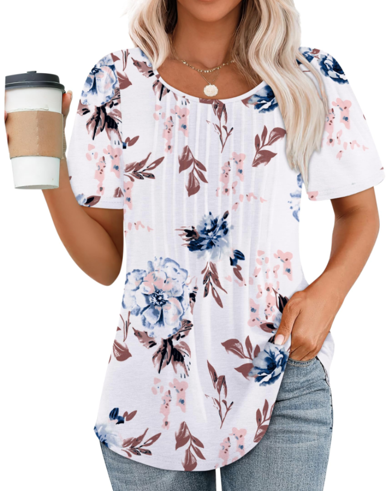 T-shirt Megan pour femme – haut plissé avec col rond, manches bouffantes et coupe ample