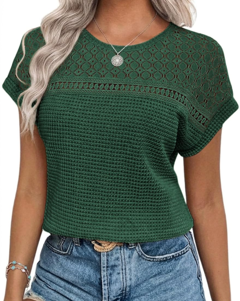 Phoebe Blusa Donna – Top Waffle con Girocollo, Dettagli Crochet & Vestibilità Morbida