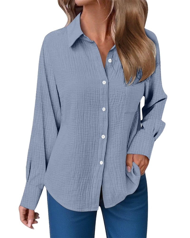 Blusa Hannah Donna – Camisa de Muselina de Algodón con Escote en V, Botones y Bolsillo