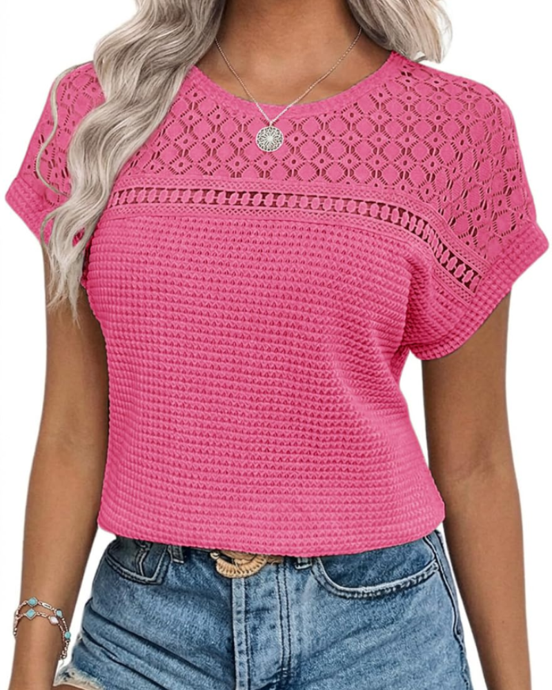 Phoebe Blusa Donna – Top Waffle con Girocollo, Dettagli Crochet & Vestibilità Morbida