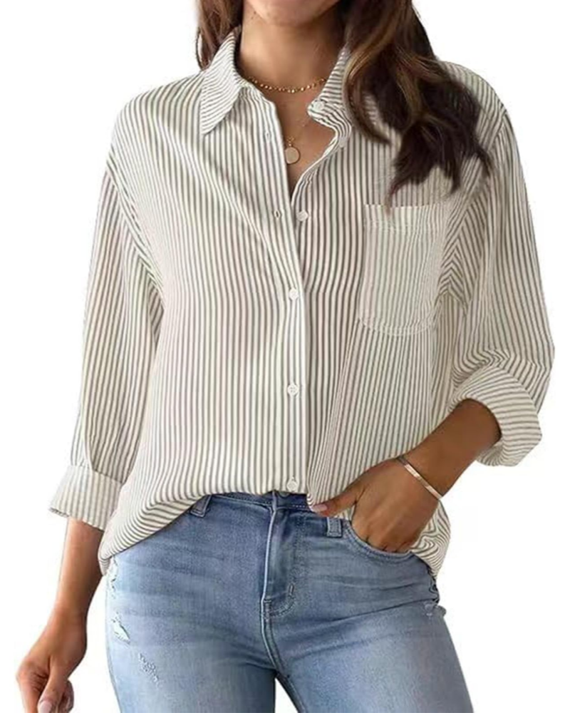 Lauren Camisa de Mujer – Blusa de Algodón a Rayas con Escote en V, Cuello y Mangas Enrollables