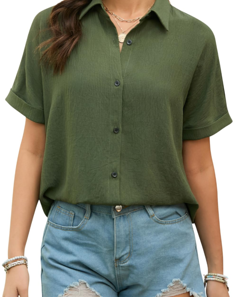 Amelia Chemisier Femme – Blouse d'été en mélange de coton avec col en V et manches courtes
