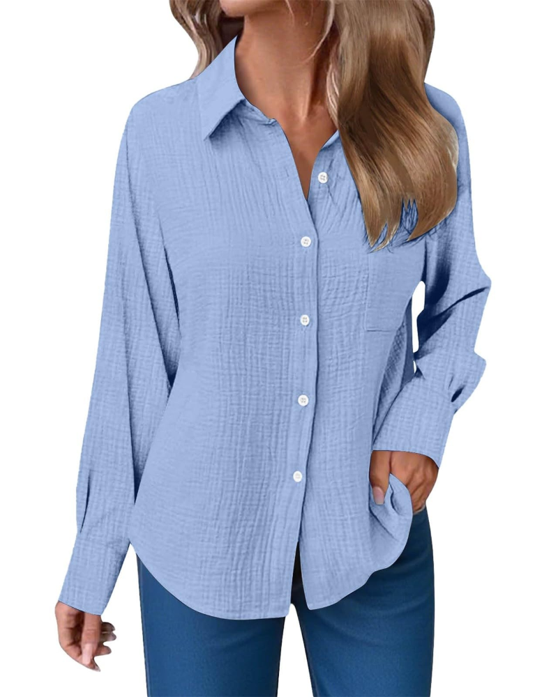 Blusa Hannah Donna – Camisa de Muselina de Algodón con Escote en V, Botones y Bolsillo