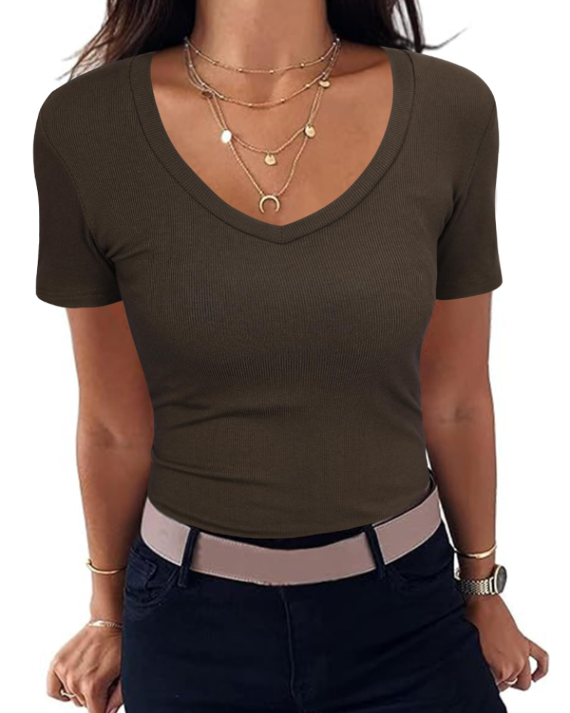 Camiseta Chloe para mujer – Top ajustado acanalado con escote en V y mangas cortas