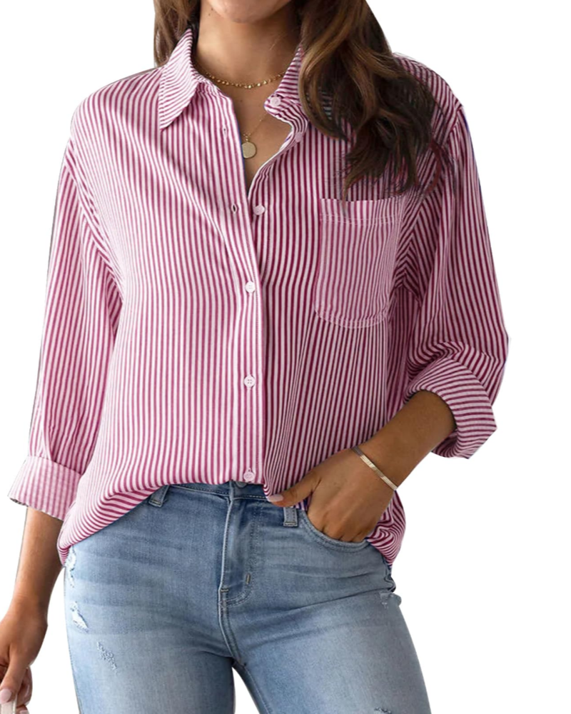 Lauren Camisa de Mujer – Blusa de Algodón a Rayas con Escote en V, Cuello y Mangas Enrollables
