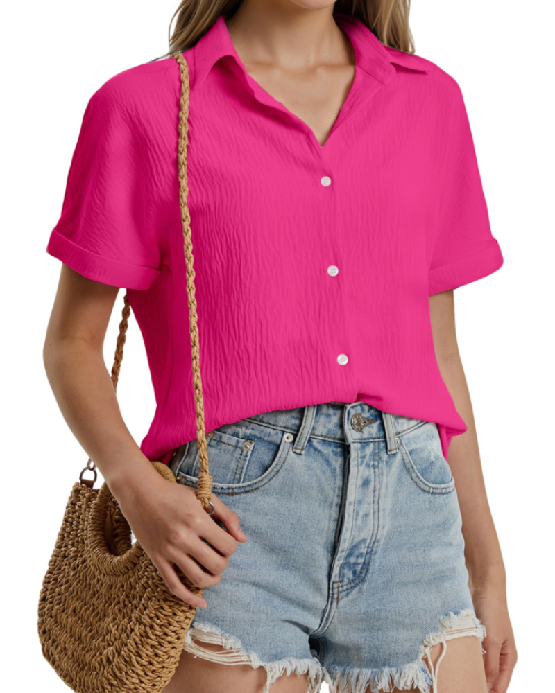 Amelia Chemisier Femme – Blouse d'été en mélange de coton avec col en V et manches courtes
