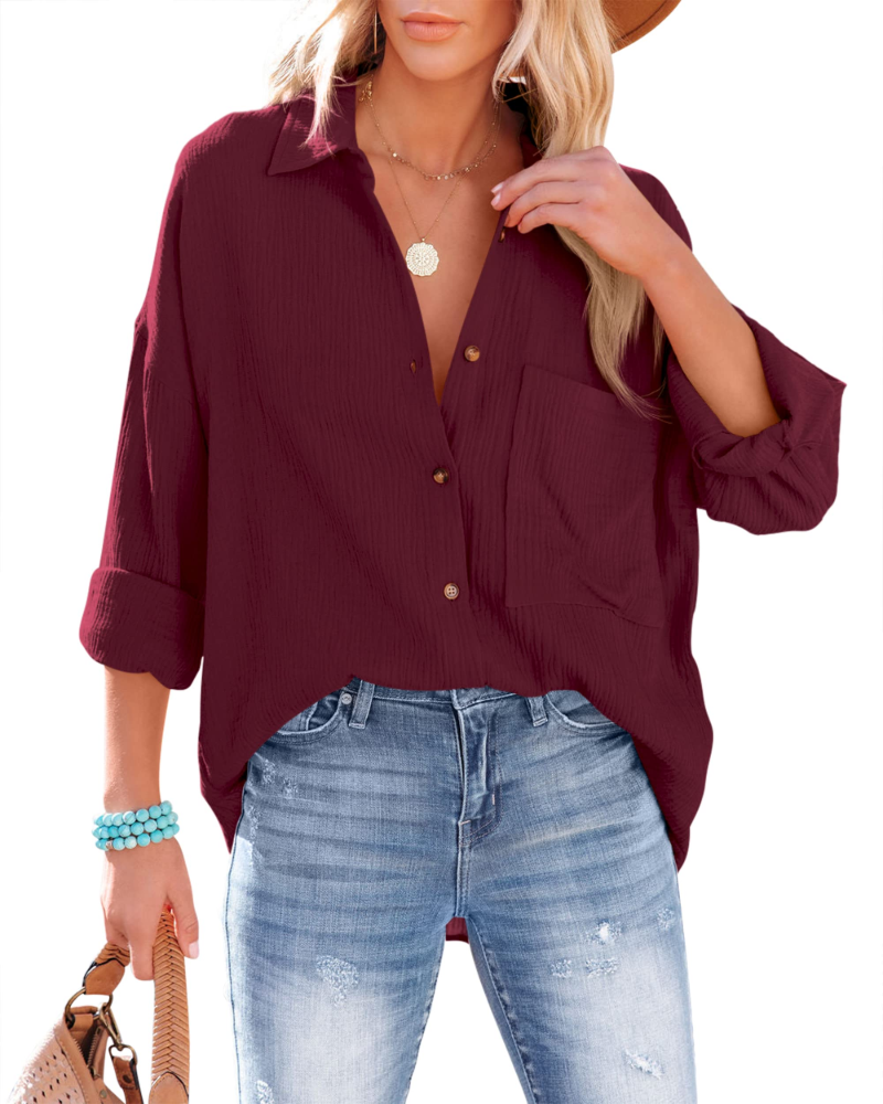 Sienna Blusa Donna – Camicia Oversize in Cotone con Scollo a V, Bottoni & Tasca