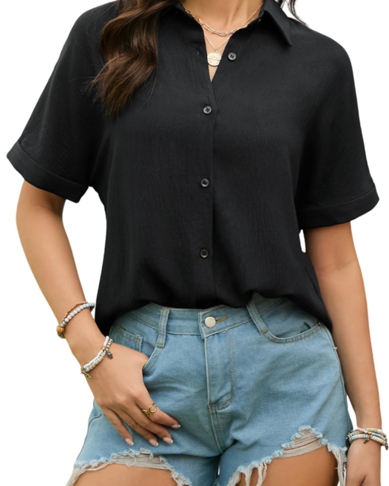 Amelia Chemisier Femme – Blouse d'été en mélange de coton avec col en V et manches courtes