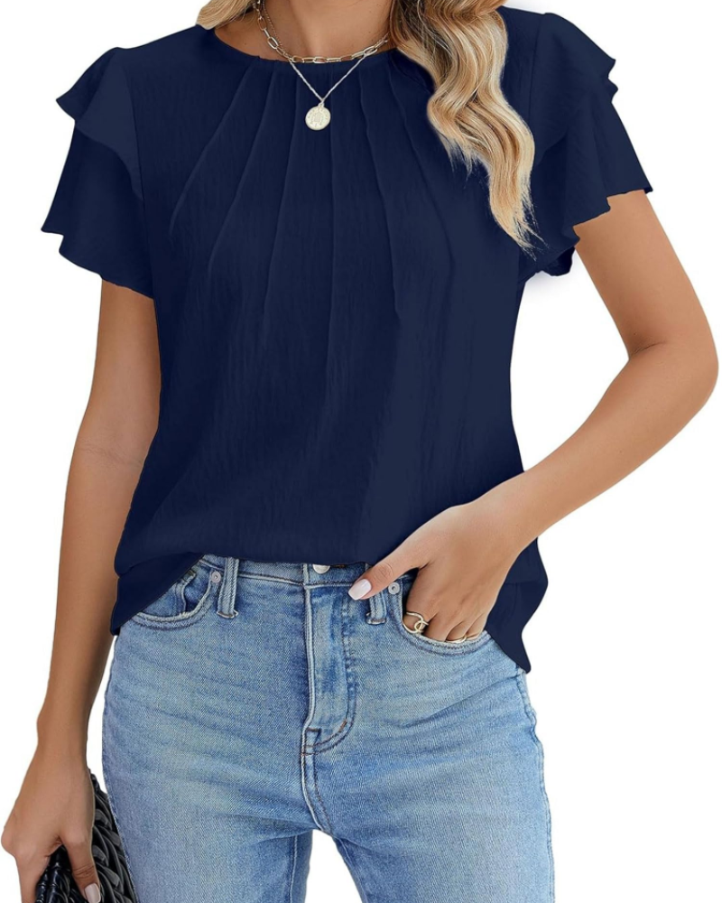 Blouse Ruby pour femme – Top élégant plissé avec manches volantées et fermoir doré