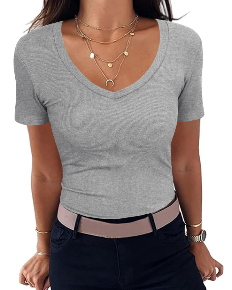 Camiseta Chloe para mujer – Top ajustado acanalado con escote en V y mangas cortas