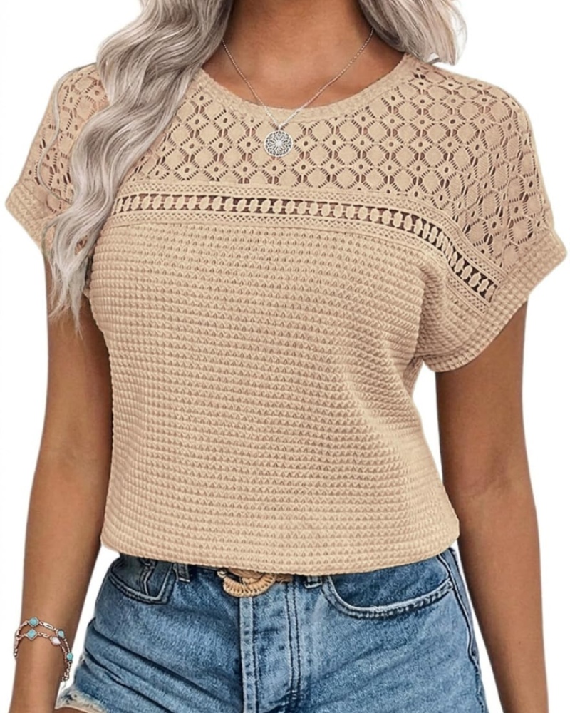 Phoebe Blusa Donna – Top Waffle con Girocollo, Dettagli Crochet & Vestibilità Morbida