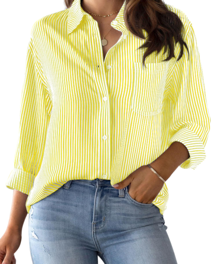Lauren Camisa de Mujer – Blusa de Algodón a Rayas con Escote en V, Cuello y Mangas Enrollables