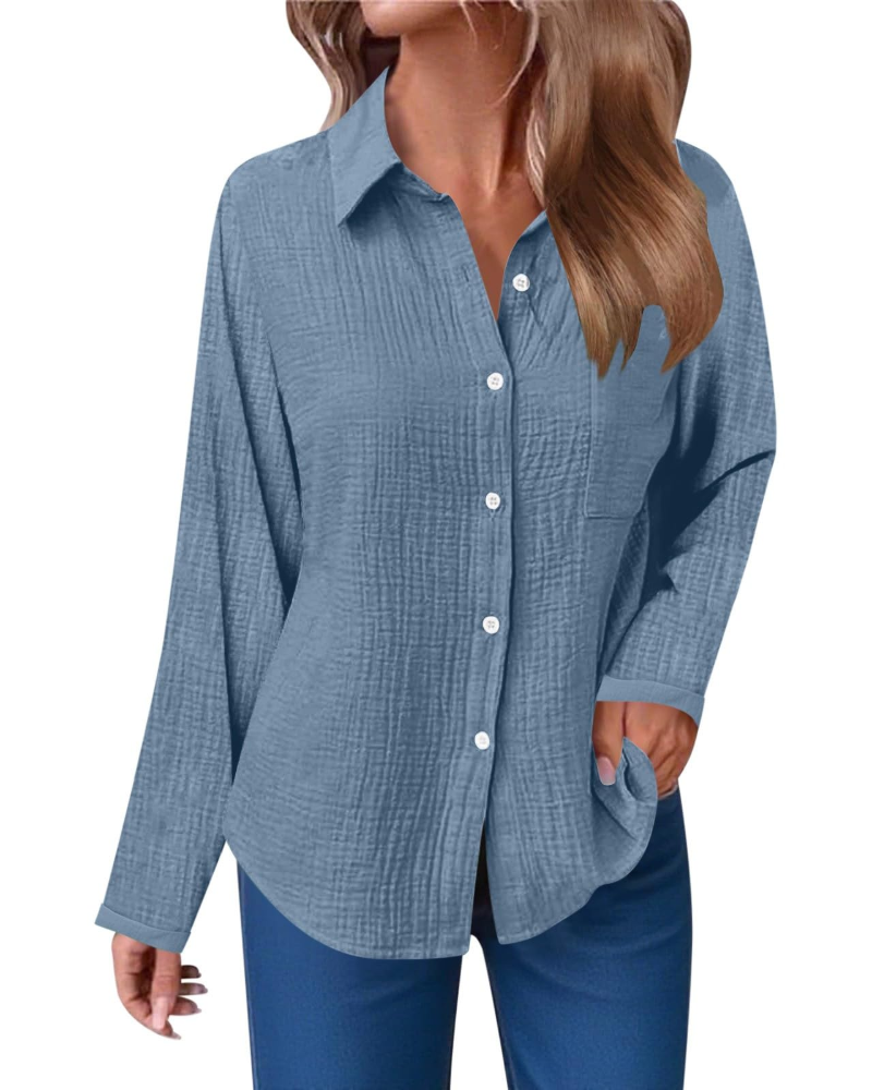 Blusa Hannah Donna – Camisa de Muselina de Algodón con Escote en V, Botones y Bolsillo