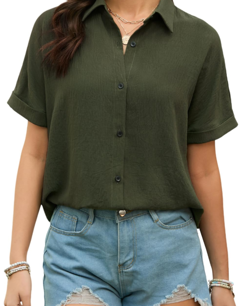 Amelia Chemisier Femme – Blouse d'été en mélange de coton avec col en V et manches courtes