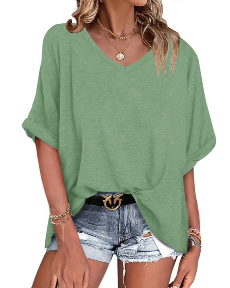 T-shirt Natalie pour femme – Top oversize avec col en V, manches courtes et revers