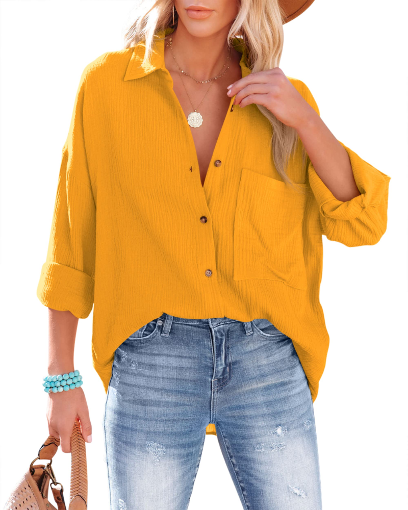 Sienna Blusa Donna – Camicia Oversize in Cotone con Scollo a V, Bottoni & Tasca