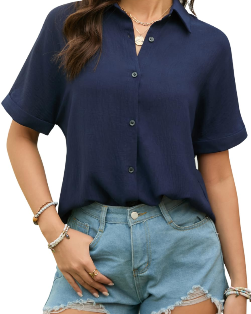 Amelia Chemisier Femme – Blouse d'été en mélange de coton avec col en V et manches courtes