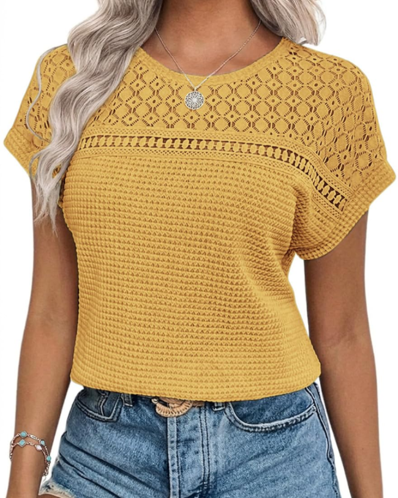 Phoebe Blusa Donna – Top Waffle con Girocollo, Dettagli Crochet & Vestibilità Morbida