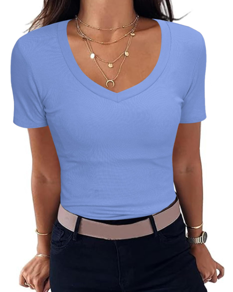 Camiseta Chloe para mujer – Top ajustado acanalado con escote en V y mangas cortas