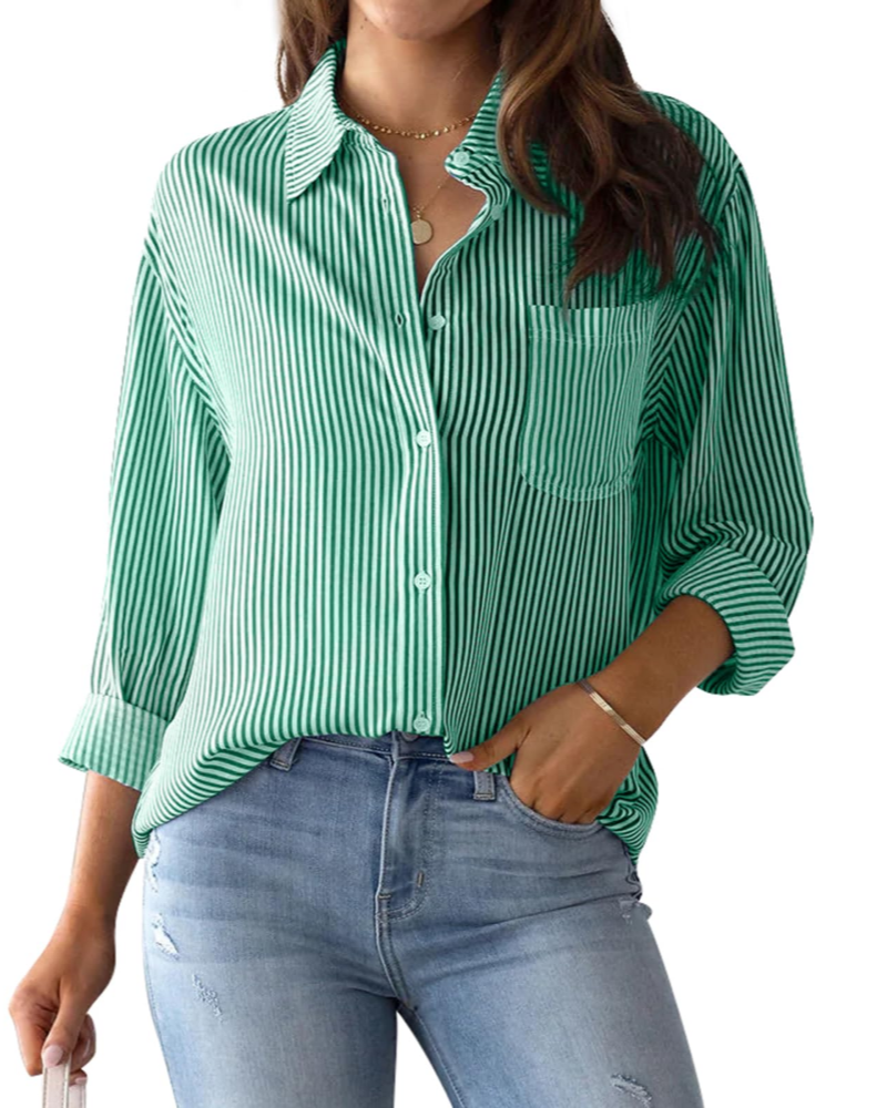 Lauren Camisa de Mujer – Blusa de Algodón a Rayas con Escote en V, Cuello y Mangas Enrollables