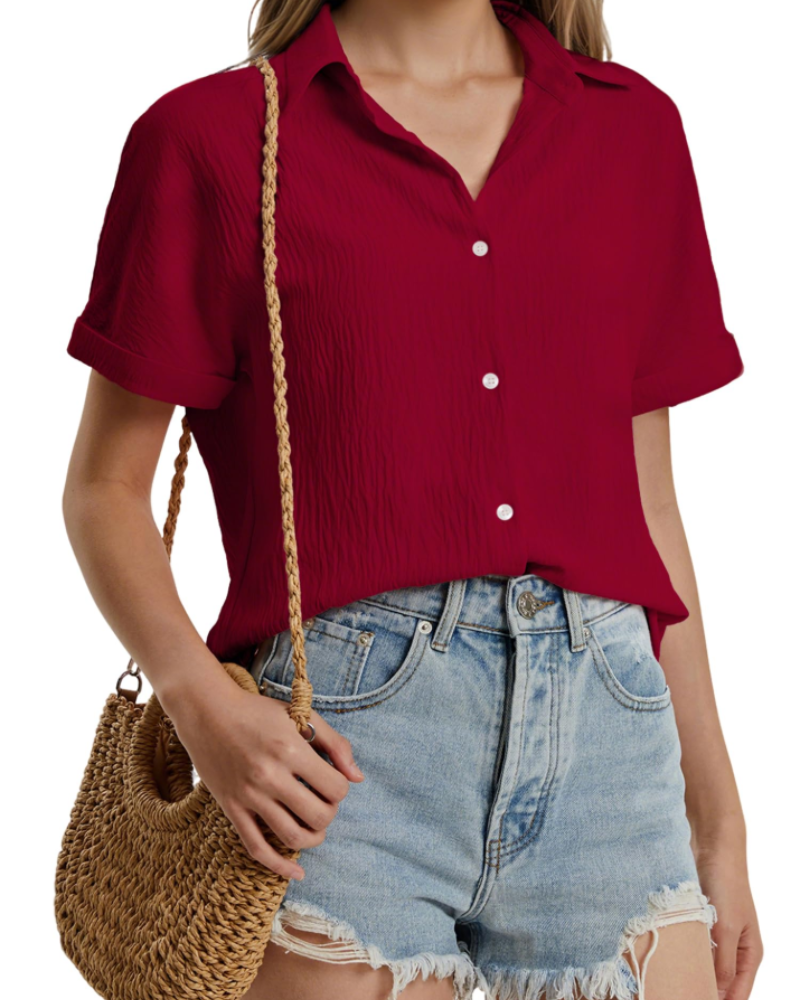 Amelia Chemisier Femme – Blouse d'été en mélange de coton avec col en V et manches courtes