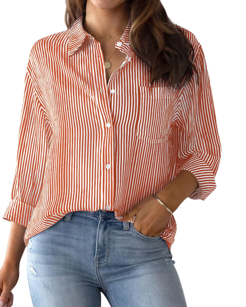 Lauren Camisa de Mujer – Blusa de Algodón a Rayas con Escote en V, Cuello y Mangas Enrollables