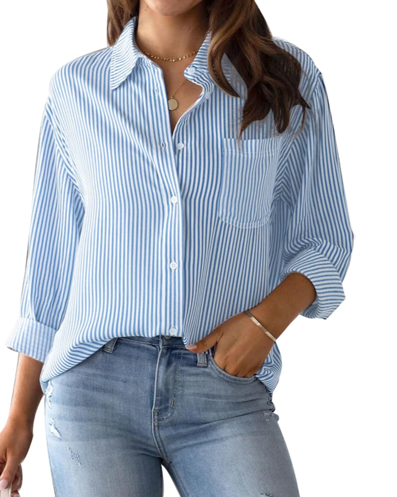 Lauren Camisa de Mujer – Blusa de Algodón a Rayas con Escote en V, Cuello y Mangas Enrollables