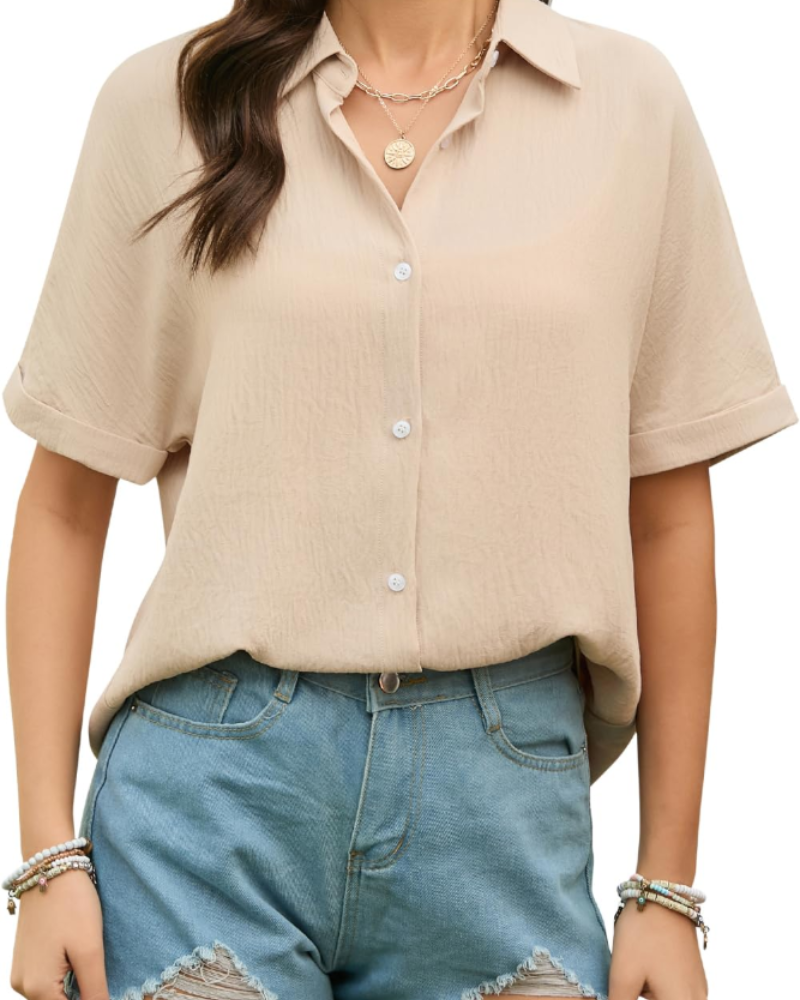 Amelia Chemisier Femme – Blouse d'été en mélange de coton avec col en V et manches courtes