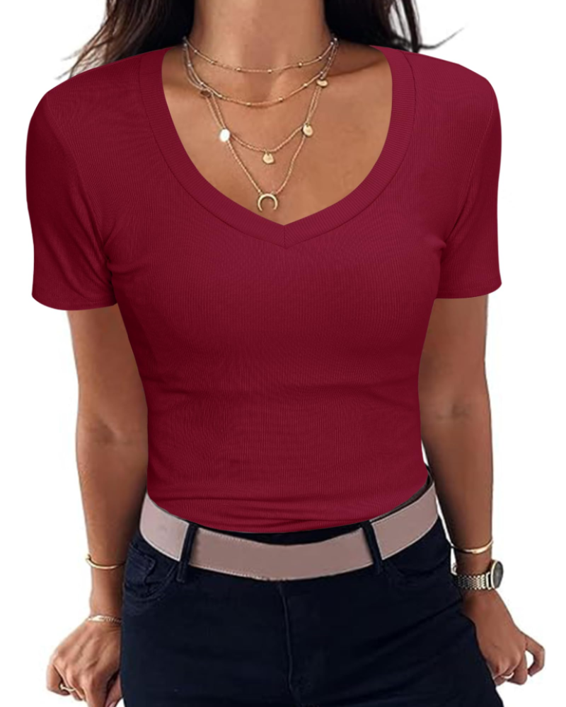 Camiseta Chloe para mujer – Top ajustado acanalado con escote en V y mangas cortas