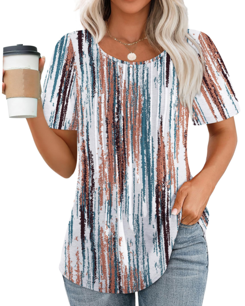 T-shirt Megan pour femme – haut plissé avec col rond, manches bouffantes et coupe ample