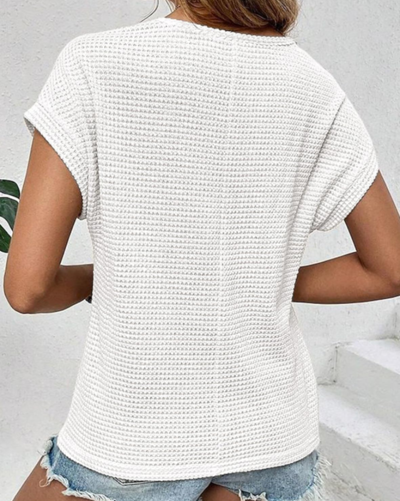 Phoebe Women's Blouse – Waffle Top with Crew Neck, Crochet Details & Soft Fit